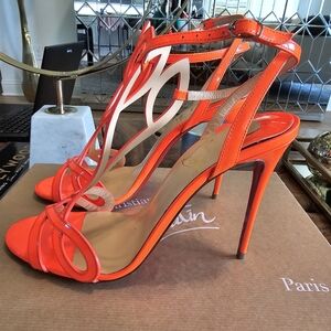 Christian Louboutin Double L Sandal 100mm patent orange size 38.5